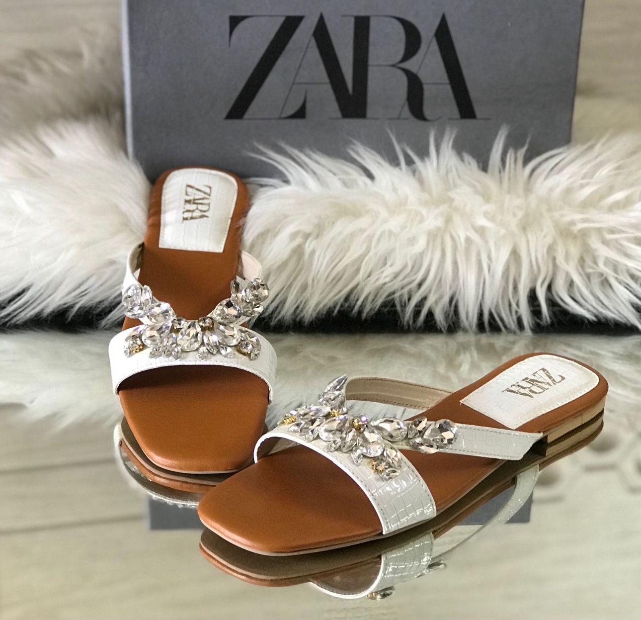 Zara Crystal White Flats Slippers Online – FASHION STEP