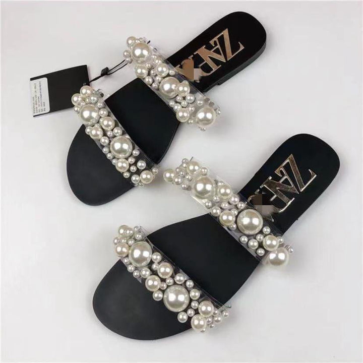 Black Zara Pearl Flat Slippers for Girls 