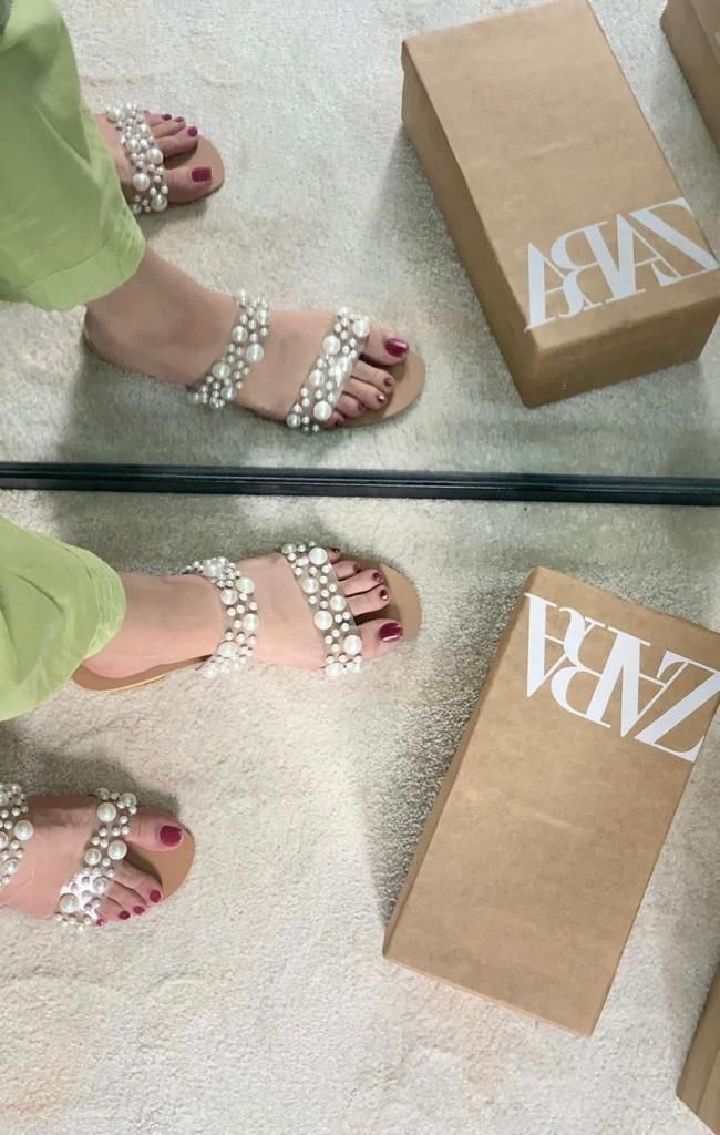 Brown Zara Pearl Flat Slippers 