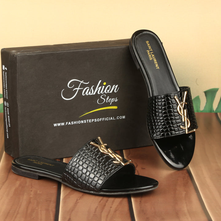 YSL CROCODILE FLAT ( BLACK) - FASHION STEP