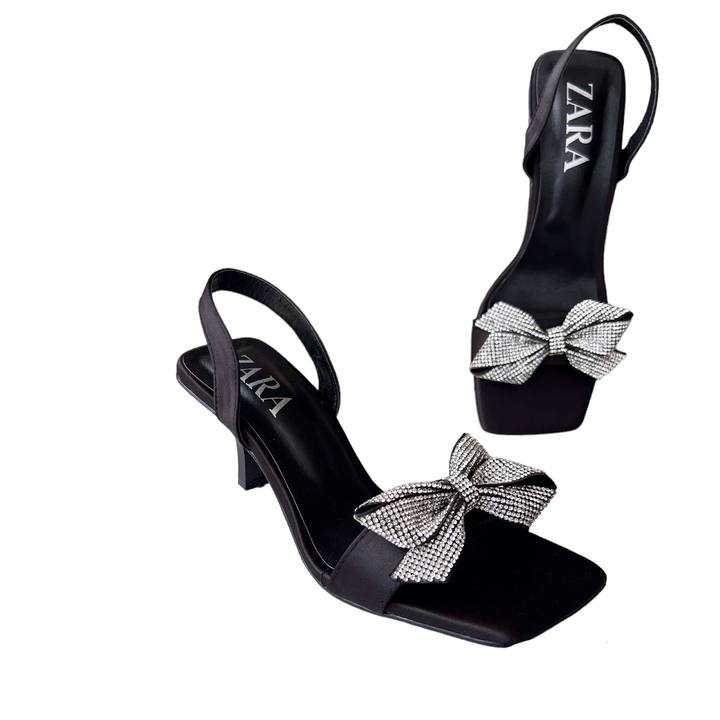 BLACK BOWSTRAP KITTI HEEL - FASHION STEP