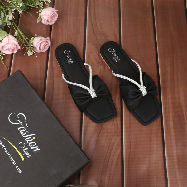 Crystal flat black slipper - FASHION STEP