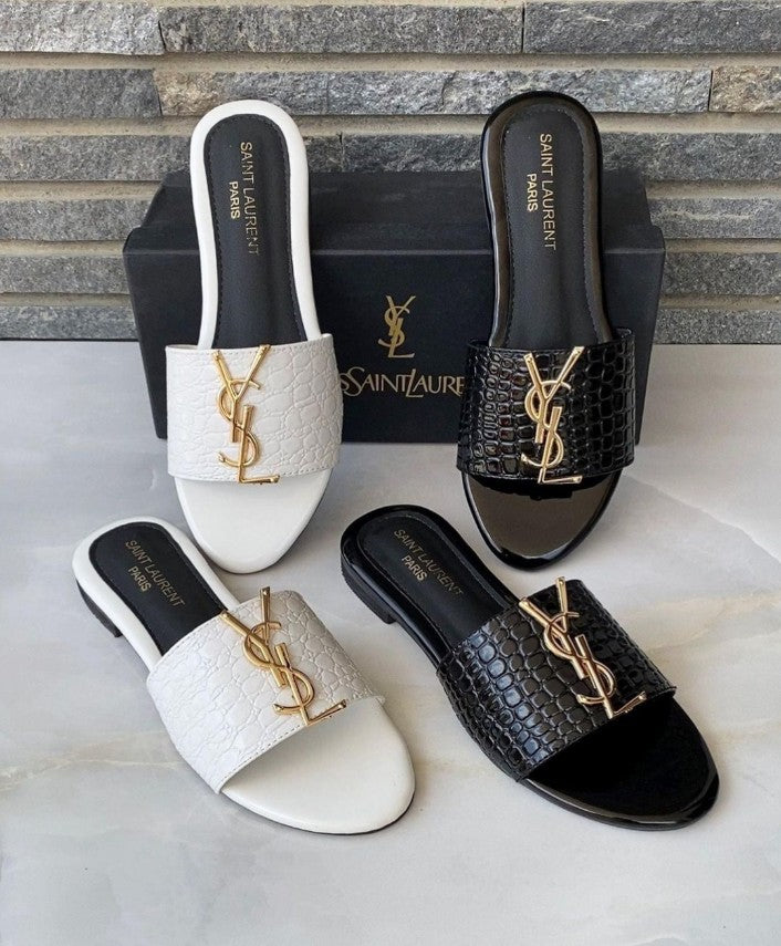 YSL CROCODILE FLAT ( BLACK) - FASHION STEP