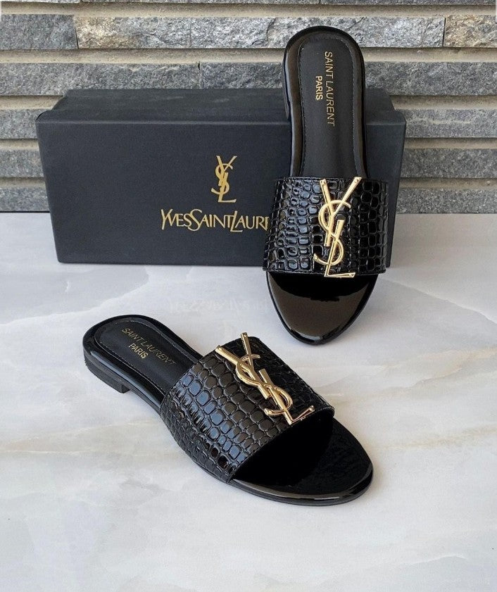 Black YSL Crocodile Flats