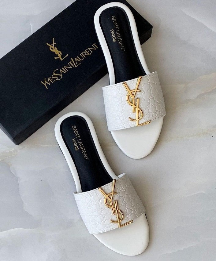 White Ysl Crocodile Flat Slippers for girls