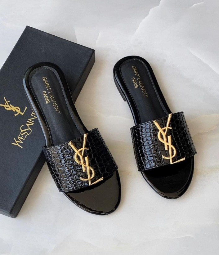 Black YSL Crocodile Flat Slippers