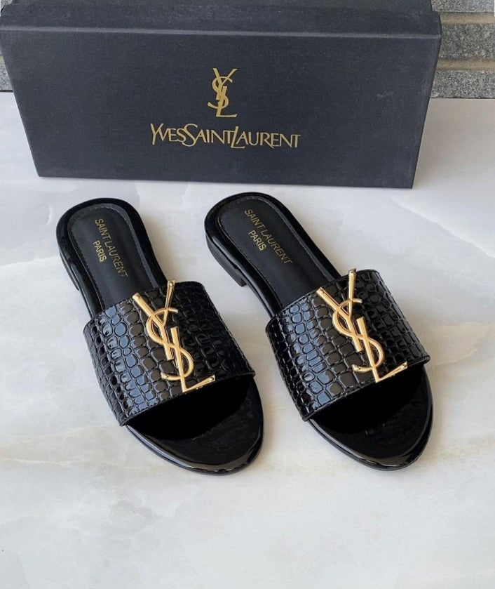 Black YSL Crocodile Flat Slippers for girls