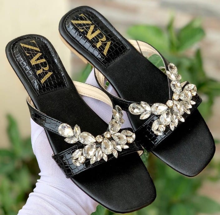 Zara crystal black flats slippers for women