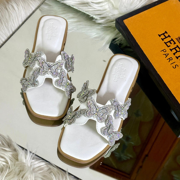 Crystal Butterfly Slides White