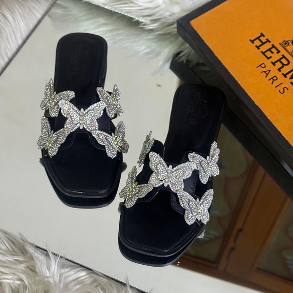 Crystal Butterfly Slides (Full Black)