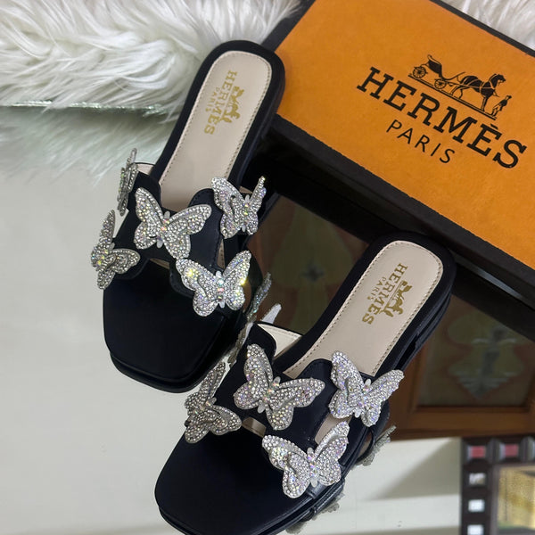 Crystal Butterfly Slides Black